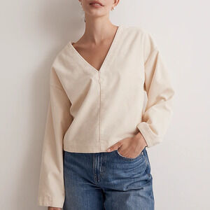 NWT Madewell Val Waffle-Knit Relaxed V-Neck Top in Antique Cream